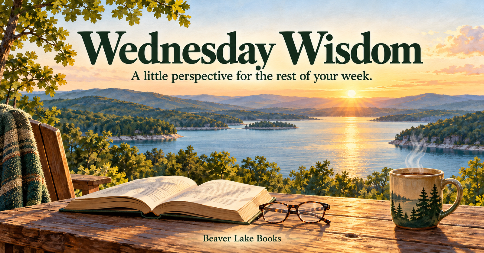 An open book and coffee overlooking a sunlit lake, with the words Wednesday Wisdom.